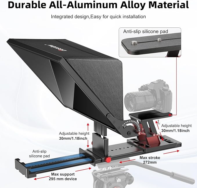 Desview P15 Teleprompter，15 inch Aluminum Alloy Liftable Teleprompter, High Display Glass, Compatible with iPad Tablet Phone DSLR Camera, No Assembly, Carry Case Included, Great for Video Making
