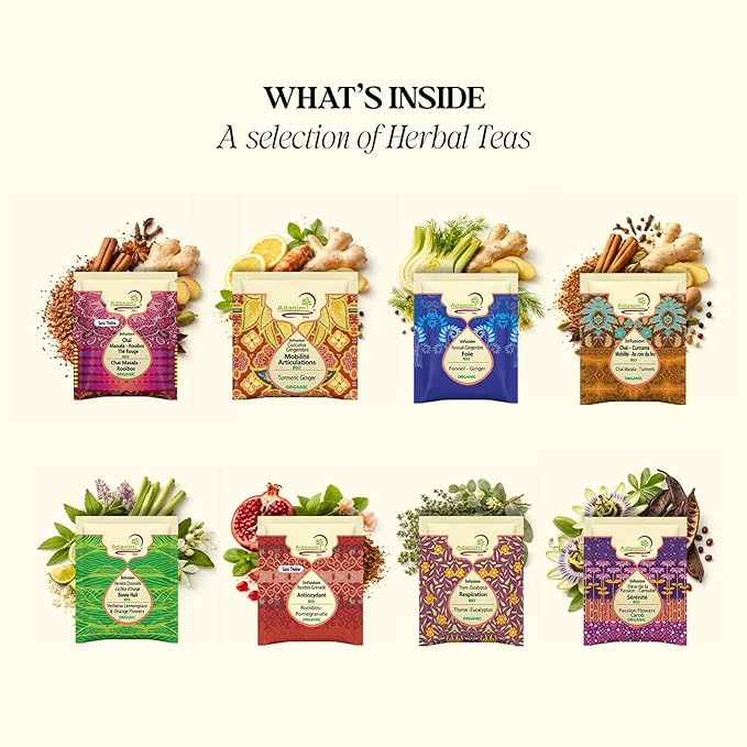 Adanim Bio Vitality Organic Herbal Tea Sampler Gift Set Caffeine Free 8 Flavors Variety Pack 64 Individually Wrapped Tea Bags for Gifting