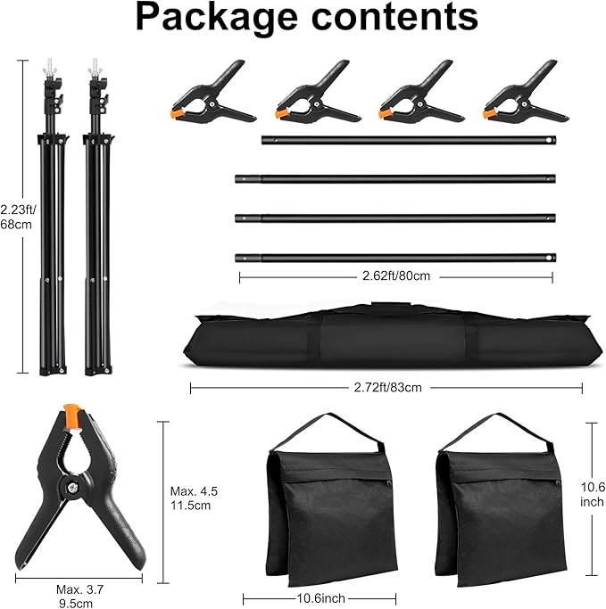 Adjustable Photography Backdrop Stand Kit 10x7ft(WxH) – Photo Studio Background Support with 4 Crossbars, 4 Clamps, 2 Sandbags, (with 10 * 7 Feet White Backdrop Curtain)