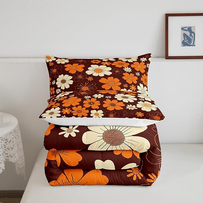 Castle Fairy 70s Groovy Flowers Bedding Comforters Queen Size,Hippie Retro Farmhouse Plant Comforter Set with 2 Pillowcases,Brown White Yellow Floral 3pcs Children Adult Duvet Set,Soft