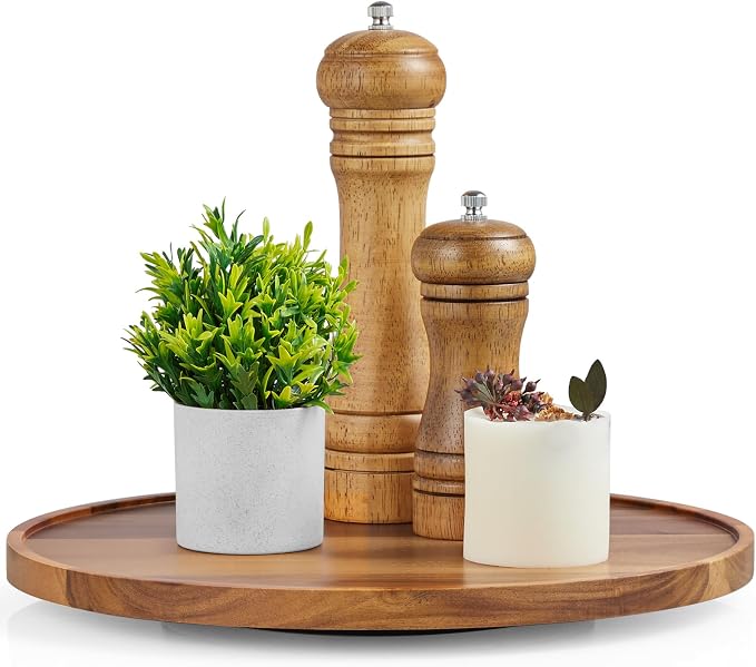 12" Acacia Wood Lazy Susan Turntable Organizer, Lazy Susan for Table Top Cabinet Dining Pantry Countertop Cupboard Organization, Decorative Tray for Kitchen Bathroom Decor Coffee Bar Accessories