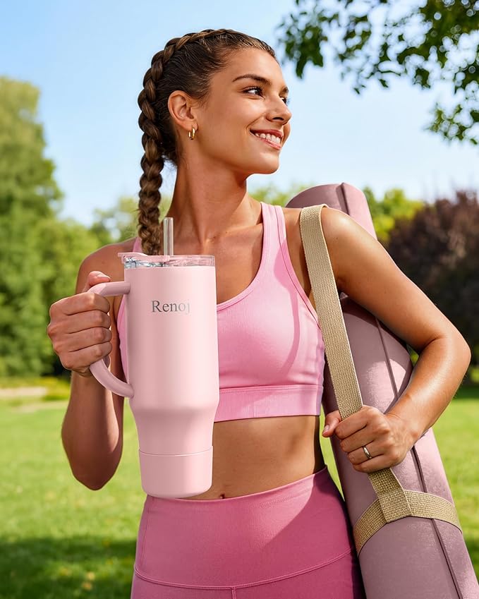 Renoj Tumbler with Handle 100% Leak Proof Insulated Water Bottle for Iced Coffee & Hot Drinks - Fits Car Cup Holder, Ideal Gift, 2 Straws & Silicone Boot BPA-Free - SnapShift Light Pink 40 oz