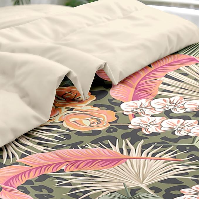 Comforter Set Full Size, Summer Tropical Flowers 7 Pcs Bedding for Kids and Adults, Hawaiian Palm Leaf Leaves Bed Sheet Sets with Fitted Sheet 2 Pillowcase & 2 Sham for Bedroom Bed Decor