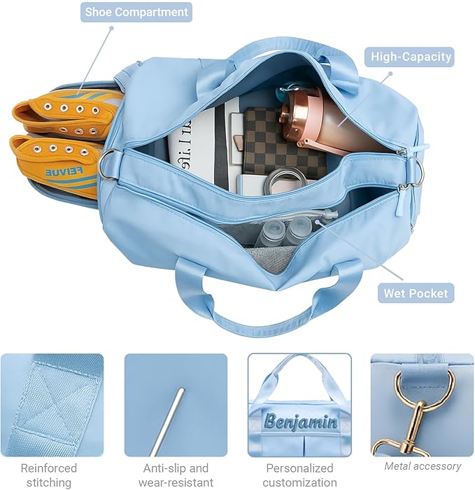 Personalized Travel Duffle Bag for Women with Embroidered Name Custom Sport Gym Bag with Shoe Compartment Weekender Overnight Tote Luggage Bag Customized Gifts for Birthday Light Blue