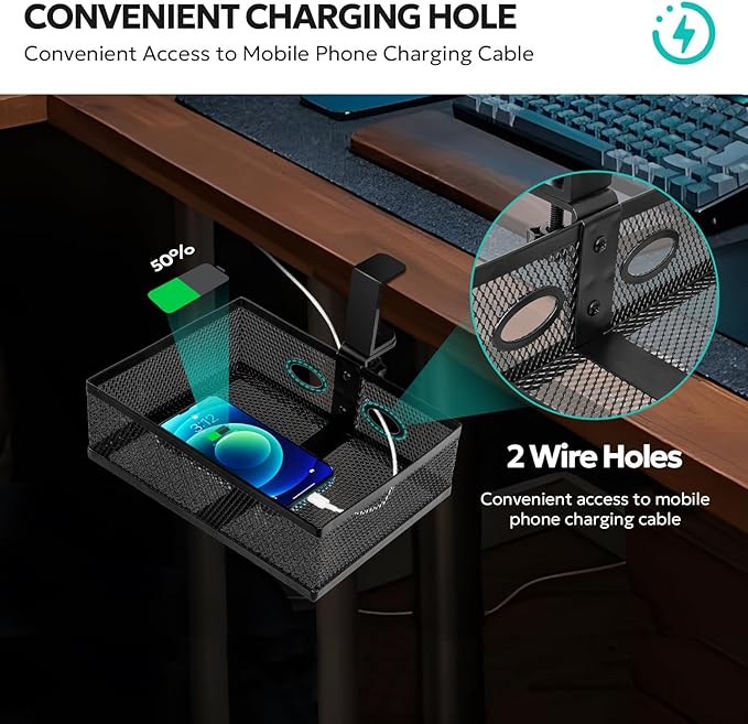 Pulchrum Under Desk Drawer Organizer Clamp On - 360° Swivel Metal Mesh Storage Basket, Hidden Rotating Desktop Tray for Standing Desk, Office Supplies & Gaming (No Drill, Black)