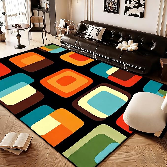 Mid Century Modern Rug, Colorful Abstract Geometric Area Rug, Retro Atomic Starburst Rugs, Washable Non-Slip Soft Low Pile 1950s Carpet for Living Room, Bedroom (6' x 8'(Rectangular))