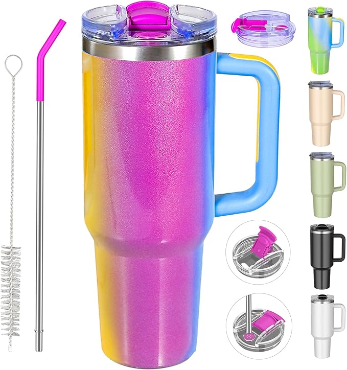 40 oz tumbler with handle and straw,Double Wall Vacuum Reusable Stainless Steel Insulated Water Bottle,With Leak Proof lid and Straw for Iced or Cold Beverages (Carnival)