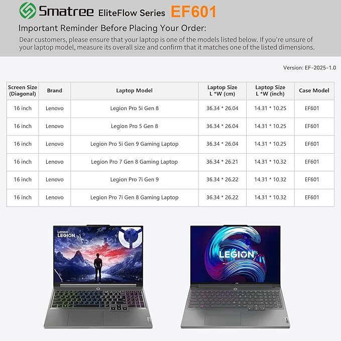 Smatree EliteFlow Laptop Sleeve Case for 16 inch Lenovo Legion Pro 5i/7i Gen 9 Gaming Laptop, for Lenovo Legion Pro 5i/5/7/7i Gen 8, Protective Case with Accessory Pocket and Handle (EF601)