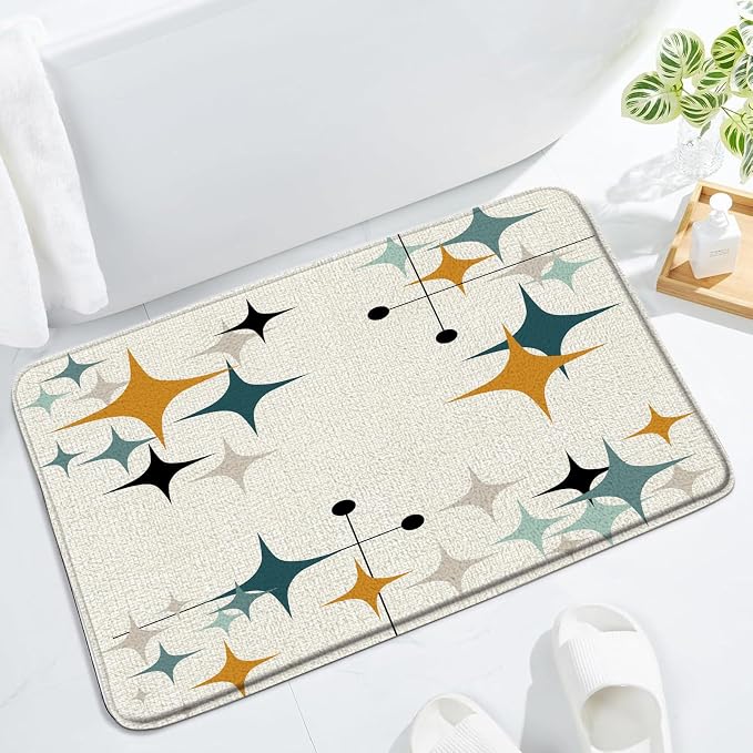 Mid Century Bath Mat Retro Atomic Stars 1950s 1960s Vintage Geometric Pattern Abstract Iconic Modern Orange 17.7x29.5 Inches Polyester Fabric Bathroom Rugs