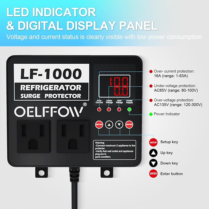 Refrigerator Surge Protector, Time Delay and Real-time Display, Voltage Protector, 2 Outlet Surge Protector for Home Appliances, with Mounting Screws, Black