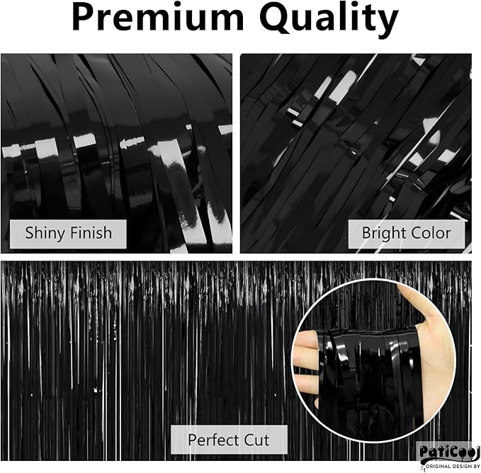 Thicken Black Streamers 4 Pack 3.2 x 8.2 FT, Black Tinsel Backdrop Curtains, Foil Fringe Photo Backdrop for New Years, Halloween, Retirement, Bachelor Party Decorations, Birthday Decorations for Men