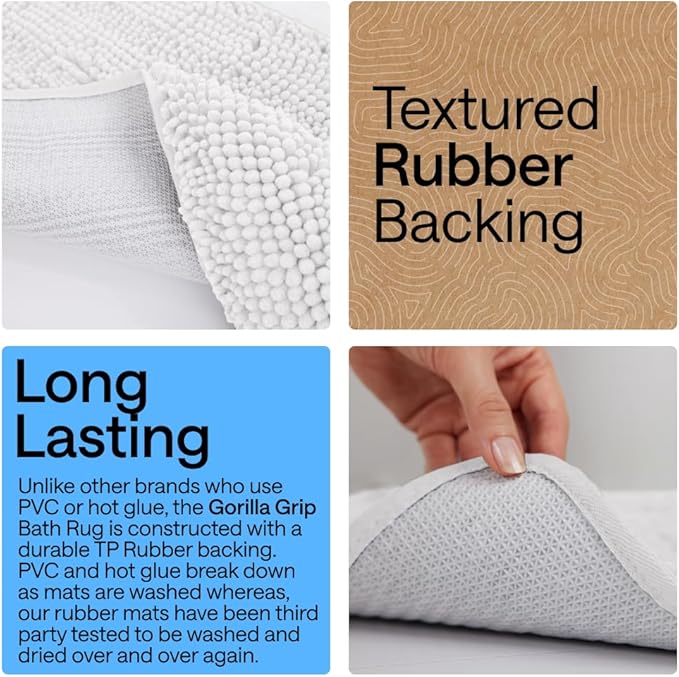 GORILLA GRIP Bath Rug Mat 60x17, Thick Soft Absorbent Chenille, Quick Dry Microfiber Mats, Rubber Backing Washable Shower Floor Rugs, Bathmat Runner, US Designed Bathroom Home Decor Accessories White