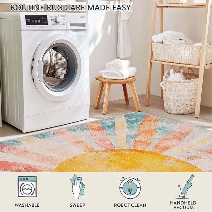 6x9 Boho Sun Area Rug Retro Orange Yellow Blue Beige Bedroom Rug Low Pile Thin Large Carpet Living Room Non Slip Dining Room Stain Resistant Office Washable Machine Classroom