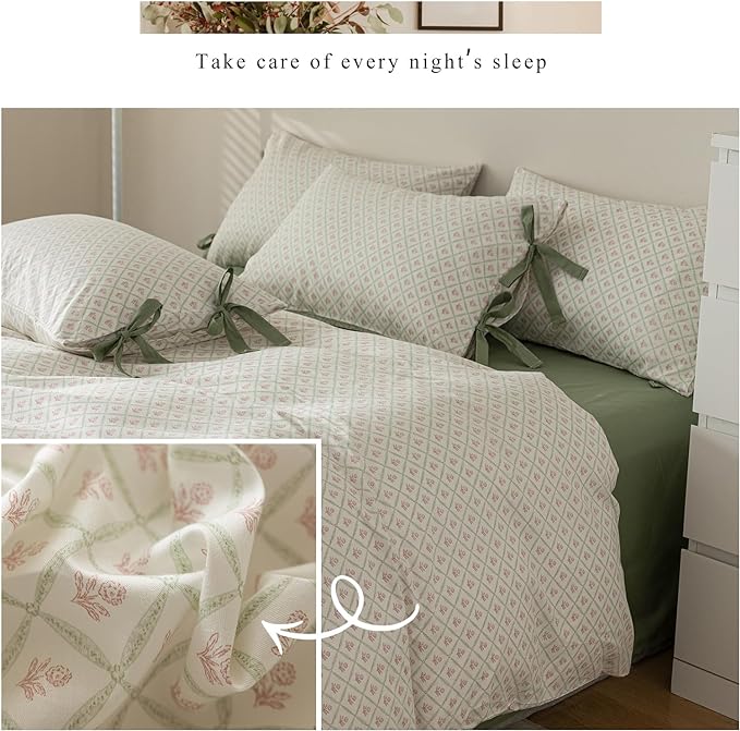 AOJIM Pink Floral Print Bedding Duvet Cover Full Size with Plaid Design, Pure Cotton Kids Adults Comforter Cover Set 3pcs for Room Decor, 1 Soft Quilt Cover and 2 Pillowcases with Bow Ties, No Duvet