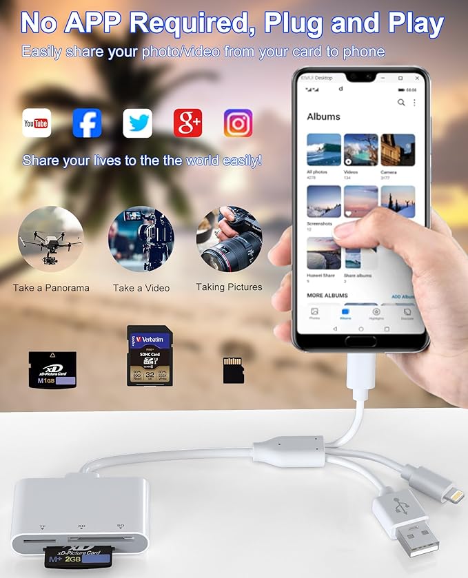 XD Card Reader, SD Card Reader, 3 in 1 TF/SD/xD-Picture-Card Memory Card Reader Camera Phone Adapter, with USB/USB-C/Lightning Port, Use for iPhone 17/16/15/14 iPad MacBook Android PC Laptop