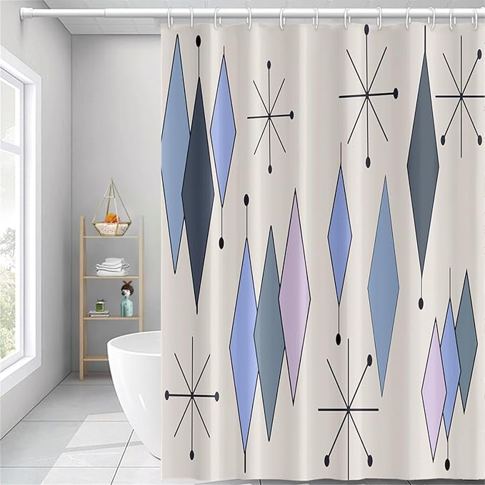 Mid Century Turquoise Shower Curtain Abstract Grey Blue Diamond Geometric Atomic Starburst Pattern Beige Backdrop for 1950s Retro Bathroom Decor Shower Curtain Set with 12 Hooks, 72x96 Inches