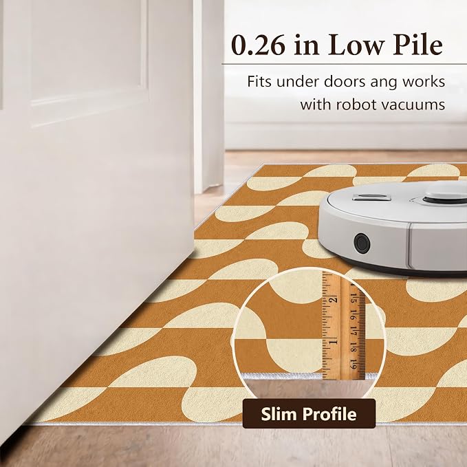 Caramel Dot Wave Area Rug 4 x 6 ft, Mid-Century Modern Geometric Rug, Brown Cream Abstract Washable Rug, Soft Low Pile Non-Slip Carpet for Living Room Bedroom Dining Room