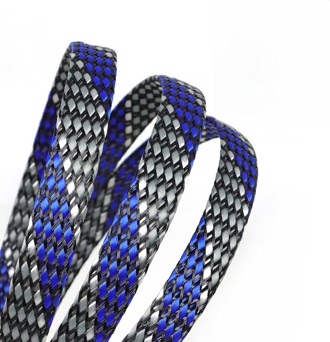 Braided Expandable Cable Sleeve, 25ft PP Cotton and PET Braided Cable Management, Flexible Mesh Wire Loom and Cable Protector for TV, Computer, Home Theater, Automotive (Blue White Grey, 1/8")