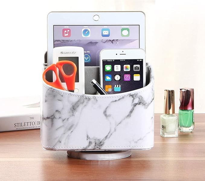 Arniche PU Leather Remote Control Holder,360 Degree Spinning Desk TV Remote Caddy,Desk Organizers and Accessories,for Controller,Media,Mail,Calculator,Mobile Phone,Pen Storage Holder(White Marble)