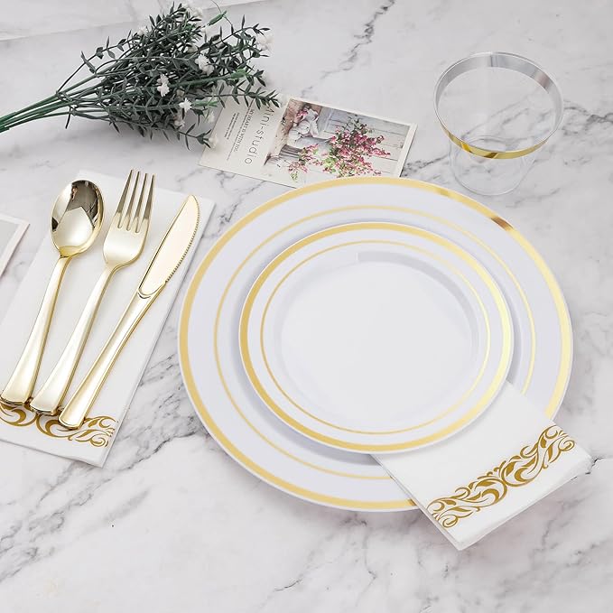 BESTVIP 350 PCS Gold Dinnerware Set for 50 Guests, Plastic Dinnerware Set for Party, Wedding, Christmas, Halloween, Include: 100 Plastic Plates, 50 Gold Silverware, 50 Cups, 50 Paper Napkins