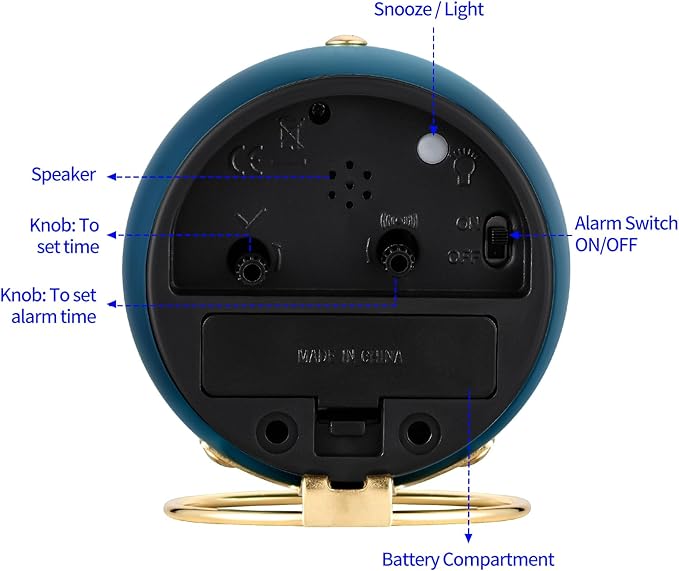 Tinload Analog Alarm Clock, Retro Simple Design Small Desk Clock with Manual Light, Battery Operated, Snooze, for Kids,Bedroom,Travel,Kitchen,Bedside Desktop(Blue)