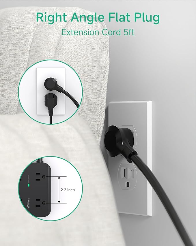 Extension Cord 20 FT, Surge Protector Power Strip with 8 Wide Outlets 4 USB Ports, Flat Plug, Mounted, Overload Protection, Indoor Home Office Apartment Dorm Room Essentials