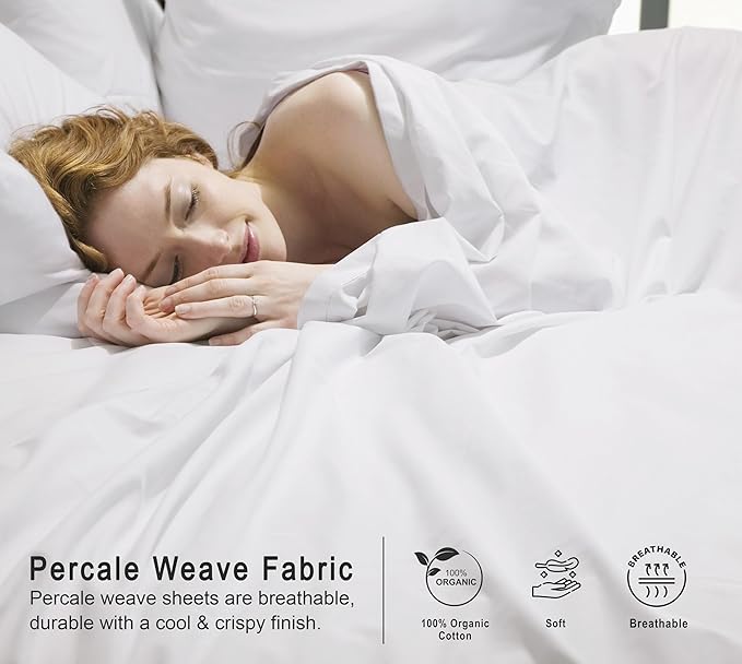 RUVANTI 100% Organic Cotton Sheets Queen Size, Percale Weave, GOTS Certified, 4-Piece Set, Deep Pocket 15", Crisp & Breathable, Soft Durable Bedding, Sábanas Algodón Orgánico – Bright White