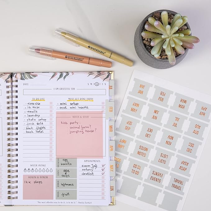 DiverseBee Gold Foil Planner Monthly Tabs, 24 Peel and Stick Laminated Tabs for Notebooks (12 Month and 4 Blank), Calendar Stickers for Planners, Dividers (Jade)