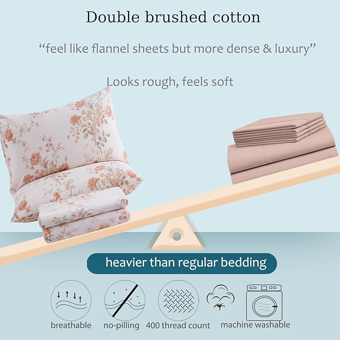 Zusbest Queen Sheet Set 100% Percale Cotton Orange Floral Bed Sheet Set, Brushed for Extra Softness, Luxury Flannel Sheets Like Shabby Vintage Flower Print Deep Pocket Sheets 17.5'' 4 Pcs