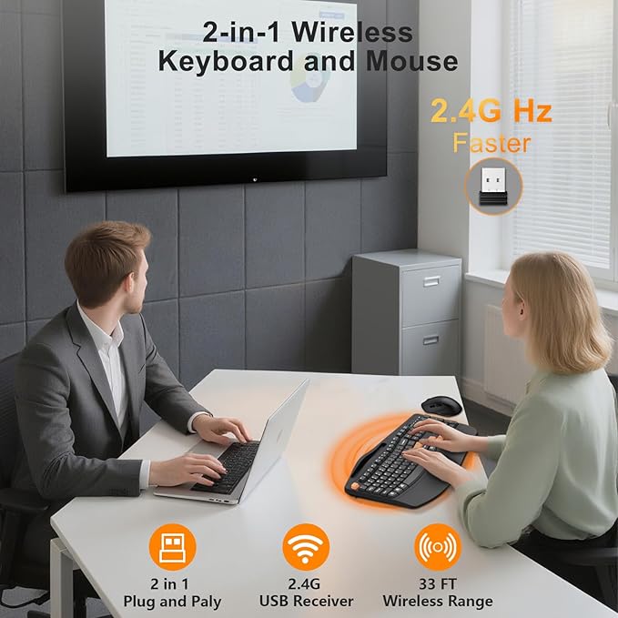 Wireless Keyboard and Mouse Combo, 2.4G Full Size Wave Keys Ergonomic Keyboard with Wrist Rest, Phone Holder, 3-Level DPI Wireless Silent Mouse with 6-Buttons, for Windows/Mac OS/Laptop(Orange Black)
