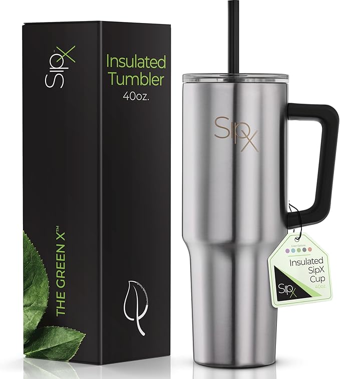 SIPX™ 40 oz Insulated Tumbler with Handle & Straw – Vacuum Insulated Stainless Steel, Leakproof, Cupholder Friendly – Perfect for Iced Coffee, Water & Travel – Stainless