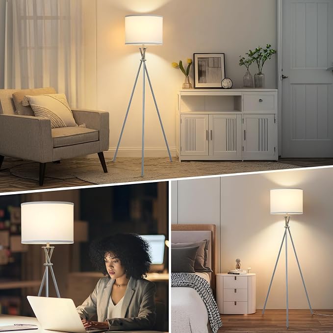 Tripod Floor Lamp Silver, 61”Tall Floor Lamps, Standing Lamp with Rotary Switch, Modern Floor Lamp Simple Design with White Shade, Floor Lamps for Living Room, Bedroom, Office, Without Bulb