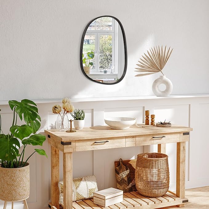 Asymmetrical Hanging Wood Mirror Irregular Oval Frame Mirror for Wall Modern Unique Decorative Mirror for Bathroom Vanity Living Room Bedroom Entryway Artistic Wall Mirror