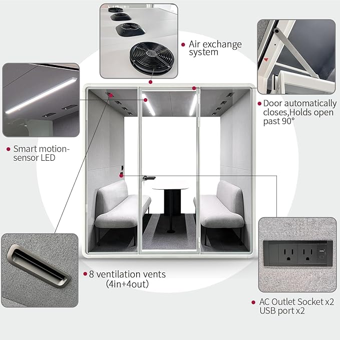 Soundproof Office Pod Booth, Quiet Meeting Pod with Acoustic Panels, Sound Proof Room with Desk, Portable Removable Working Booth for Private Phone Calling, Study, 4 People L Size H92in W91in D70in