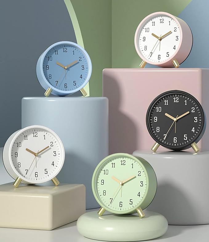 SHISEDECO Alarm Clock with Backlight, 4.5 inches Bedside Analog Non-Ticking Silent Small Deskclock with Arabic Numerals, Battery Operated Round Tableclock for Living Room, Bedroom (White)