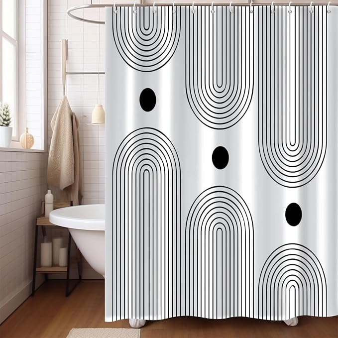 White and Black Extra Long Shower Curtain, Boho Minimalist Mid Century Modern Arch Geometric Machine Washable Waterproof Fabric for Bathroom Bathtub Decor with Hooks 72Wx84H