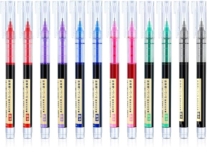 Frienda 12 Pieces Rolling Ball Pens 0.5 mm Japanese Quick Drying Fine Point Pens Liquid Ink Smooth Writing for Office Student Back to School Supplies(Multicolor)