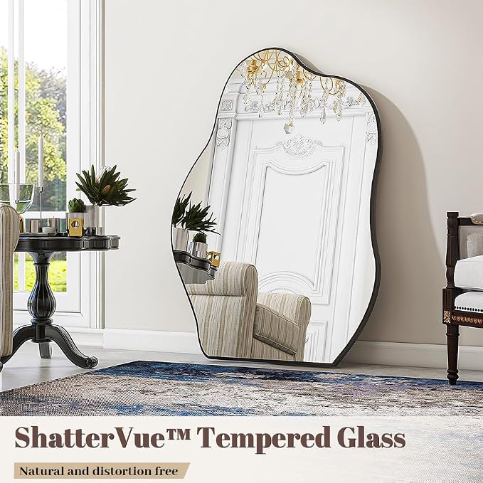 BEAUTYPEAK Asymmetrical Mirror, 22 x 32 Inches Irregular Wall Mirror, Wood Frame Unique Shape Wall Mounted, Decorative for Living Room Bedroom Entryway Hallway