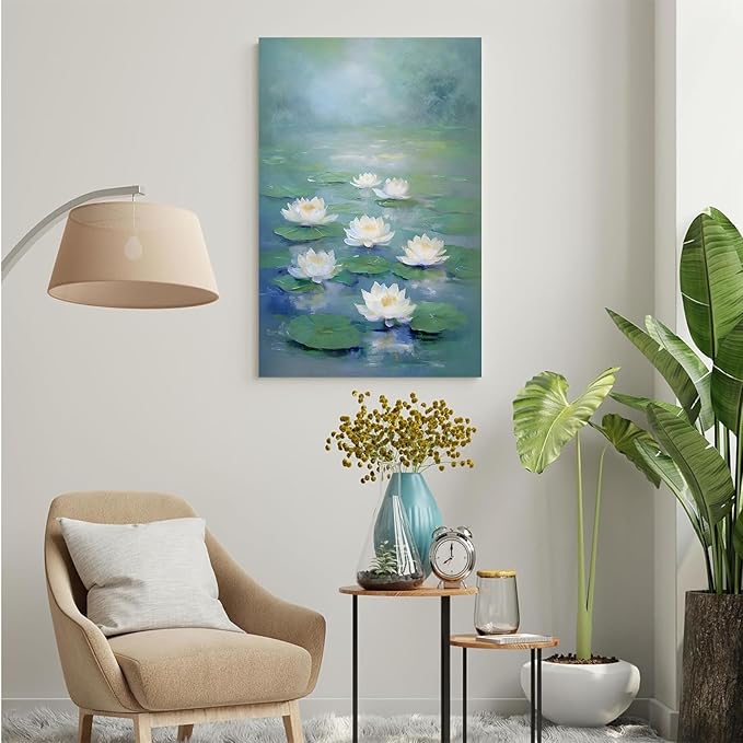 Zen wall art Delicate white lotus flower floating on calm water Vintage oil painting print Serene aquatic wall art creates a tranquil home decor 24x36in Frameless