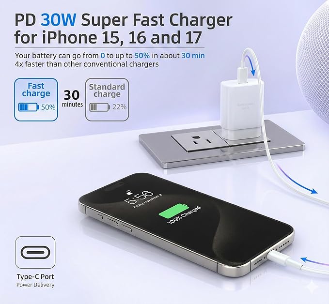 USB-C Block 30W PD Super Fast Charging Block Type C Plug Wall Adapter, USB C Phone Charger with 6ft Fast Cable Cord for iPhone 17, 17 Air, 17 Pro, 17 Pro Max,16, 15, iPad Pro 12.9/11 Galaxy-1Pack