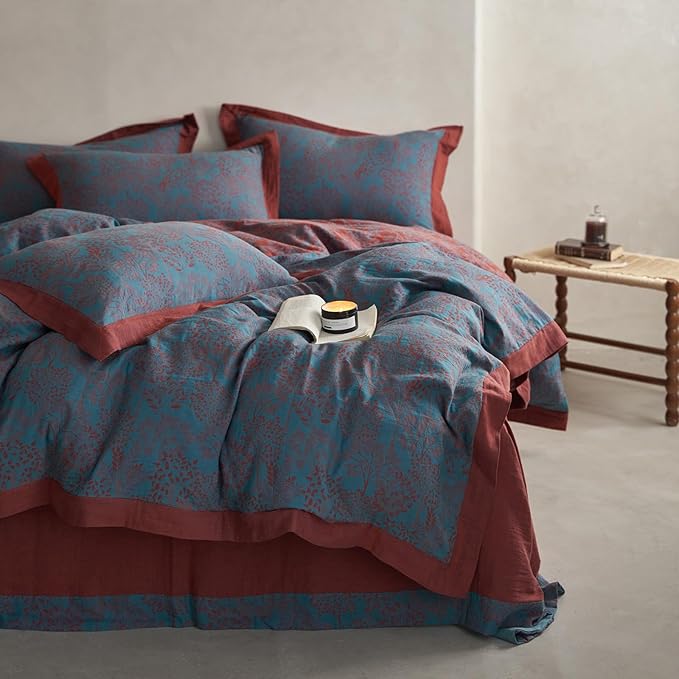 Jacquard Duvet Cover King Yarn-Dyed Cotton Blue Floral Duvet Cover Reversible Burgundy Red Tree Leaves Bedding Comforter Cover Vintage Country Bedding Cottagecore Botanical Duvet Cover Set King Size