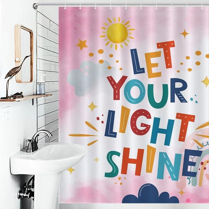 Pink Rainbow Shower Curtain for Bathroom, Boho Cute Inspirational Motivational Quotes Rainbow Colorful Baby Kids Girls Waterproof Fabric Shower Curtain Set with Hooks, 72"x78" Inch