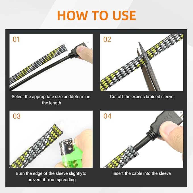 Braided Expandable Cable Sleeve, 25ft PP Cotton and PET Braided Cable Management, Flexible Mesh Wire Loom and Cable Protector for TV, Computer, Home Theater, Automotive (Yellow White Grey, 1/8")