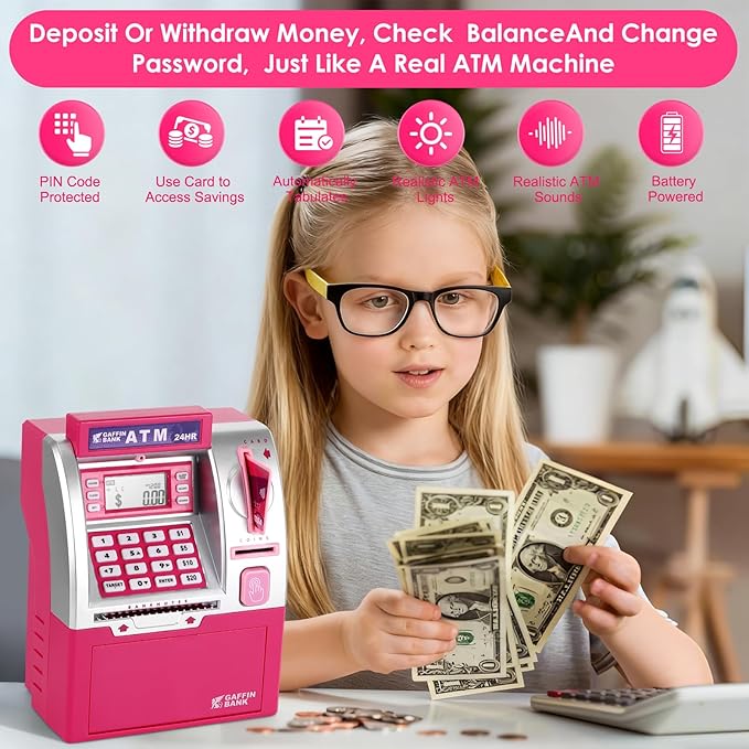 ATM Piggy Bank with Card and Password, Electronic Savings Bank Machine for Real Money, Mini ATM Coin and Cash Deposit Box with Target Setting, Clock and Sound – Pink Dollar Edition