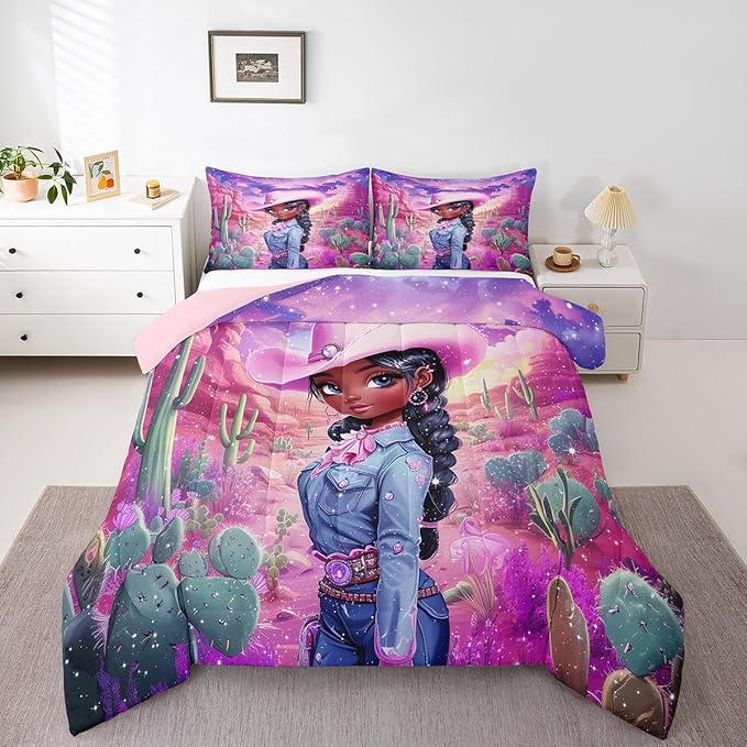 Western Cowgirl Full Size Comforter Set,Reversible African Style Cute Girl Print Black Bedding Comforters Bedroom Collection,Dreamy Stars Purple Galaxy Sparkling Bedding Set for Girls Teens