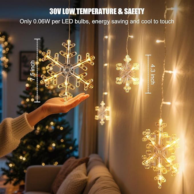 2 Pack 13 Ft 192 LED Snowflake Christmas Icicle Lights with 16 Drops, 8 Modes and Timer, IP65 Waterproof Connectable for Indoor Outdoor House Window, Warm White