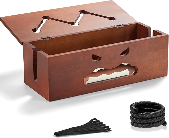 Large Cable Management Box,Cord Organizer Box with Cable Sleeves and Cable Tie,Wooden Cord Hider Box for Wires on Floor,Power Strip Hider for Home,Office,Under Desk