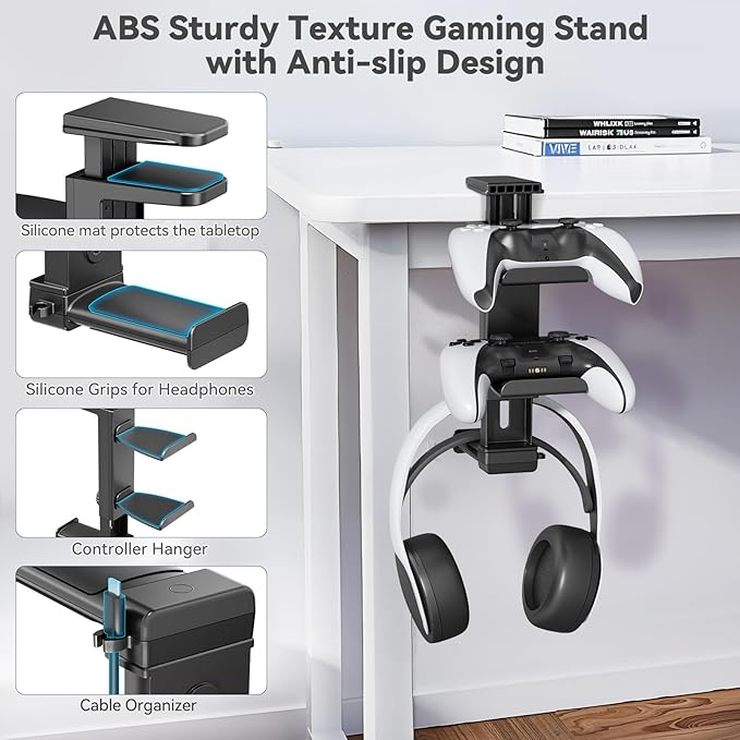 Controller Holder & Headphone Stand Under Desk with Adjustable Clamp, Controller Stand & Headset hanger for Desk Mount with 360° Rotating Hook & Cable Organizer 3-in-1 Game Organizer, PC Game Headsets