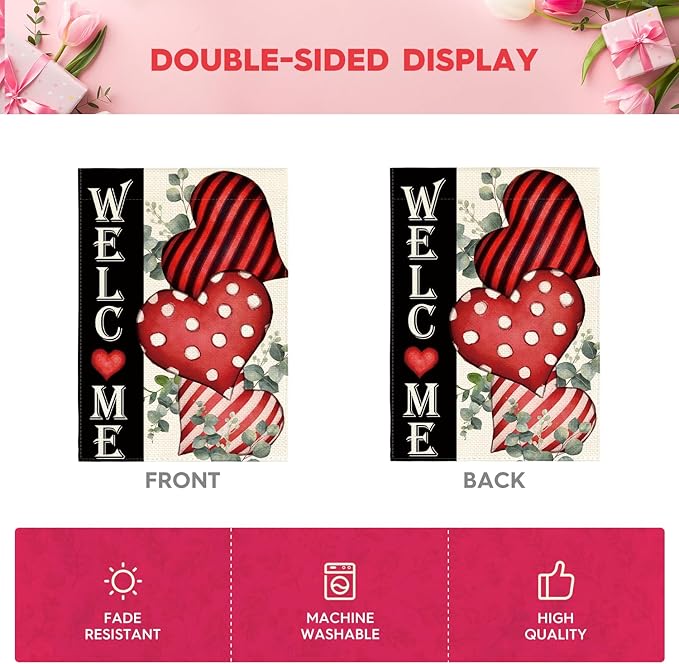 AVOIN colorlife Valentines Day Welcome House Flag 28x40 Inch Outside Double Sided, Anniversary Love Heart Rustic Yard Outdoor Decoration