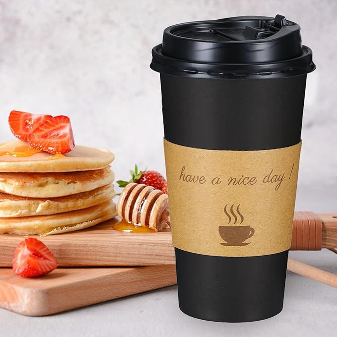 Lamosi 20 oz Disposable Coffee Cups with Lids 50 Pack, Hot Paper To Go Cups with Lids, Stir Sticks and Sleeves, for Home, Travel, Office